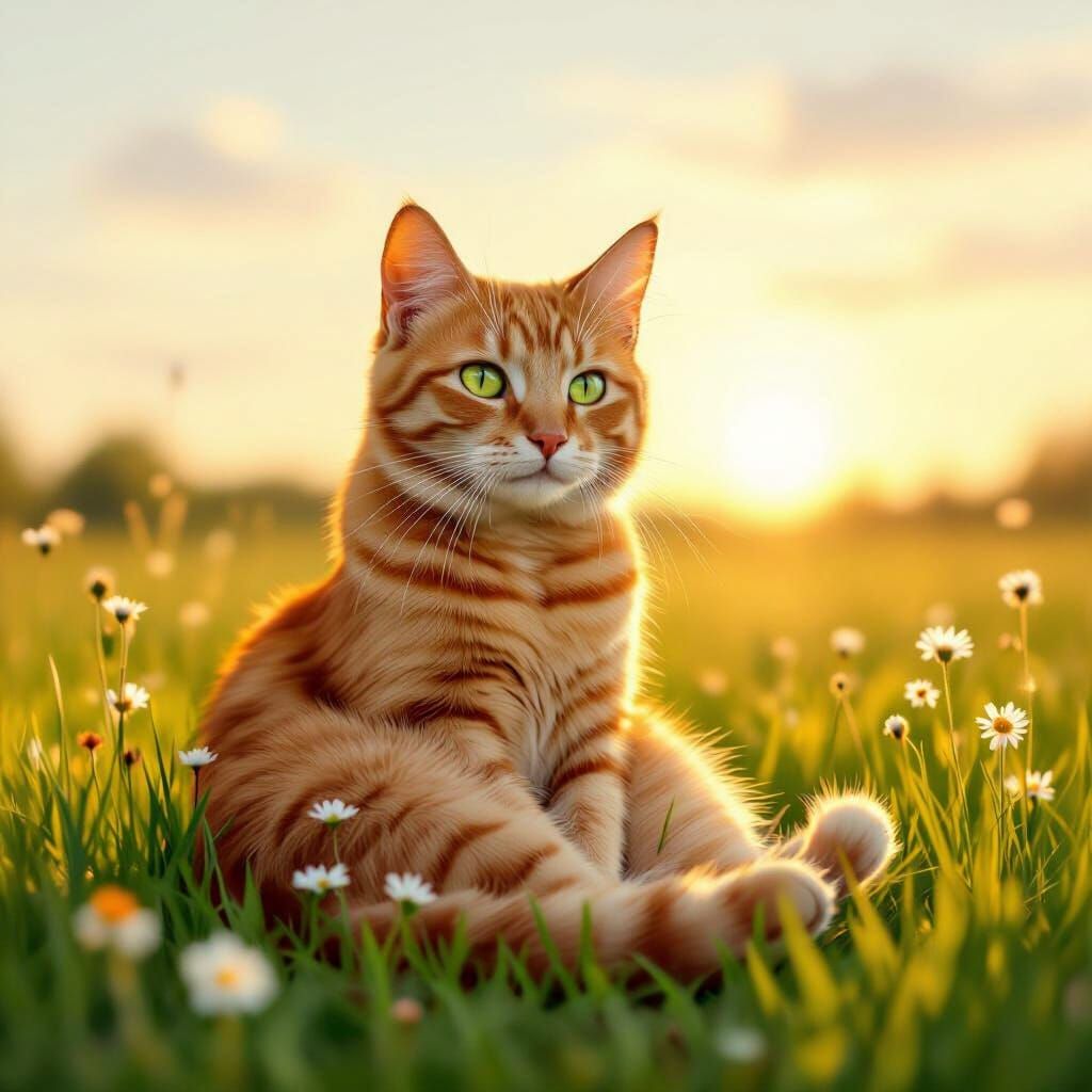 Serene Orange Cat in Golden Hour Grassland Digital Painting