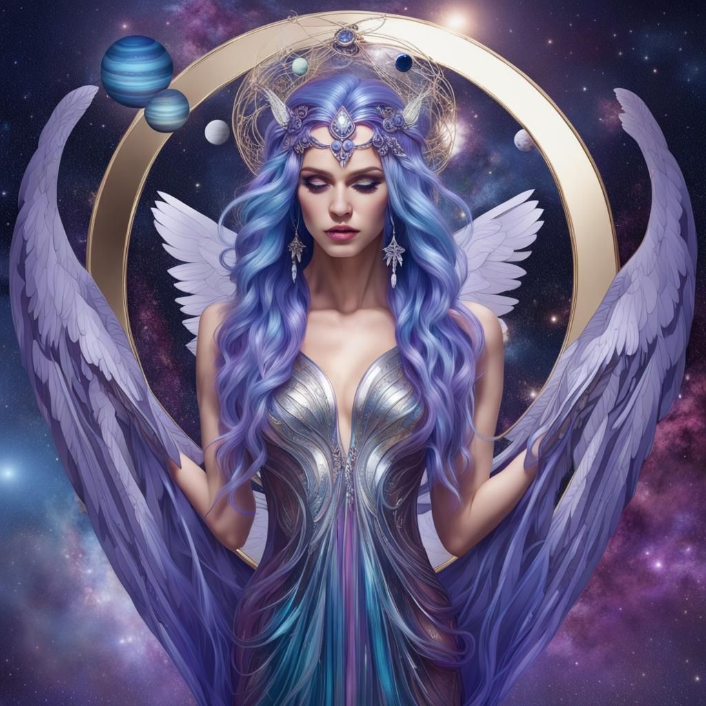 Goddess with Feather Wings in Cosmic Setting