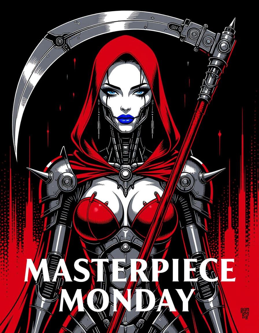 Monochrome Red Cyborg Grim Reaper with Blue Lips
