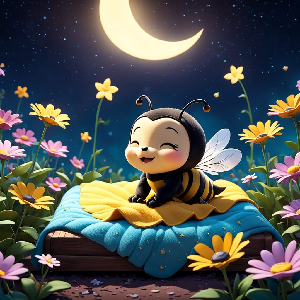 Sleepy Bee in Flower Bed: 3D Digital Art