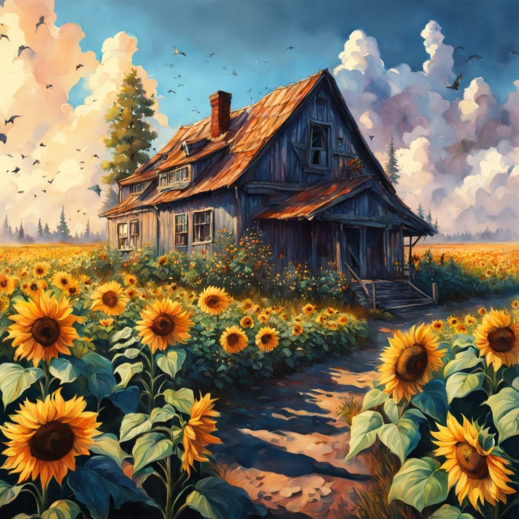 Sunflower Field Charcoal Drawing in Gouache Style