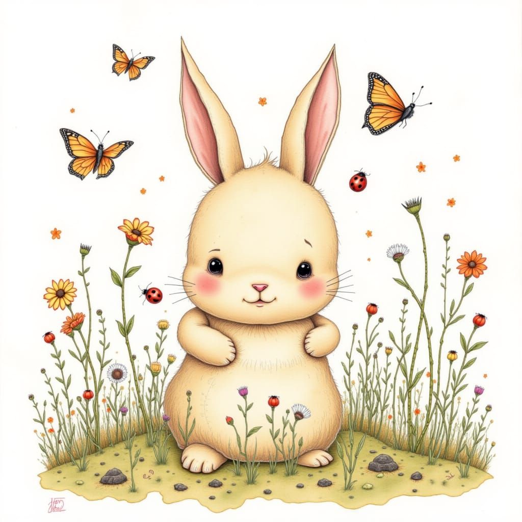 Whimsical Watercolor Bunny in Wildflower Field