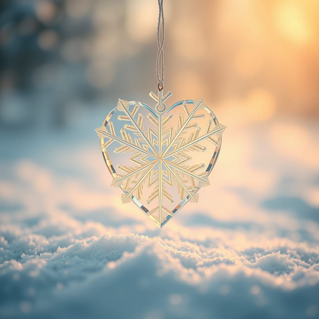 dans la neige fraichement tombé un petit flocon de neige en forme de coeur en 3D transparent comme du verre