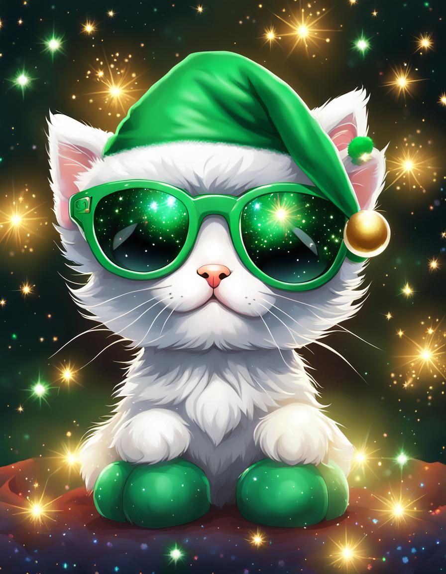 A white chibi fluffy kittens wearing kelly green christmas s...