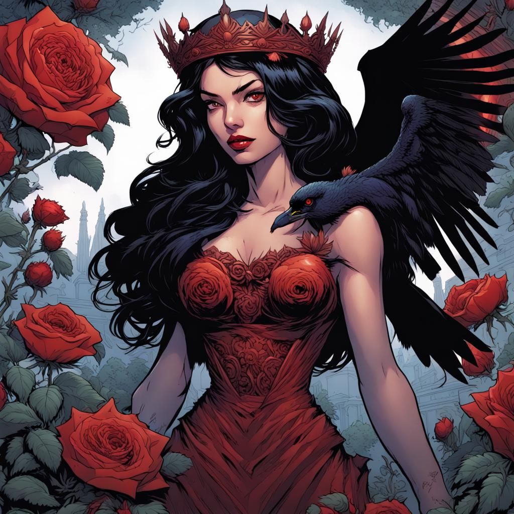 Black-Haired Red-Eyed Queen in Rose Garden: Comic Art