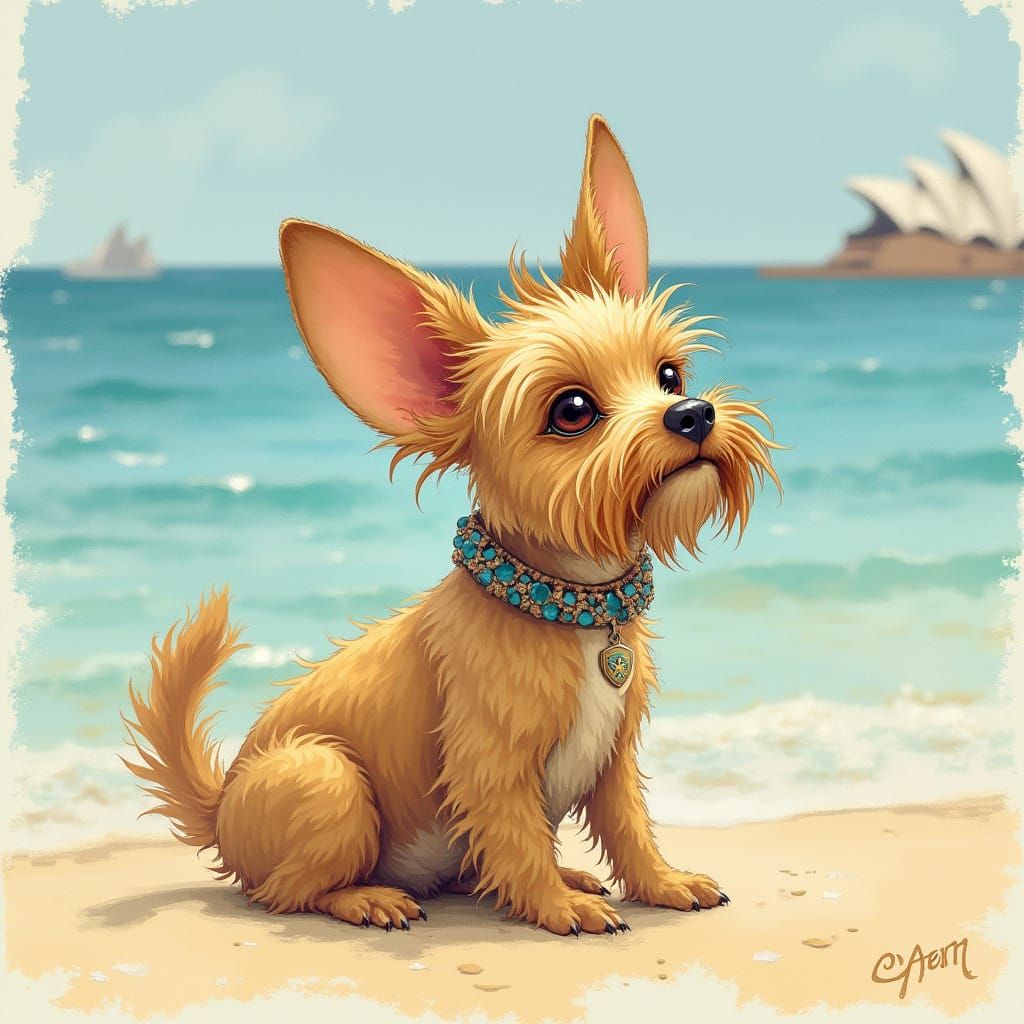 Dachshund at Sydney Opera House: Beatrix Potter Style