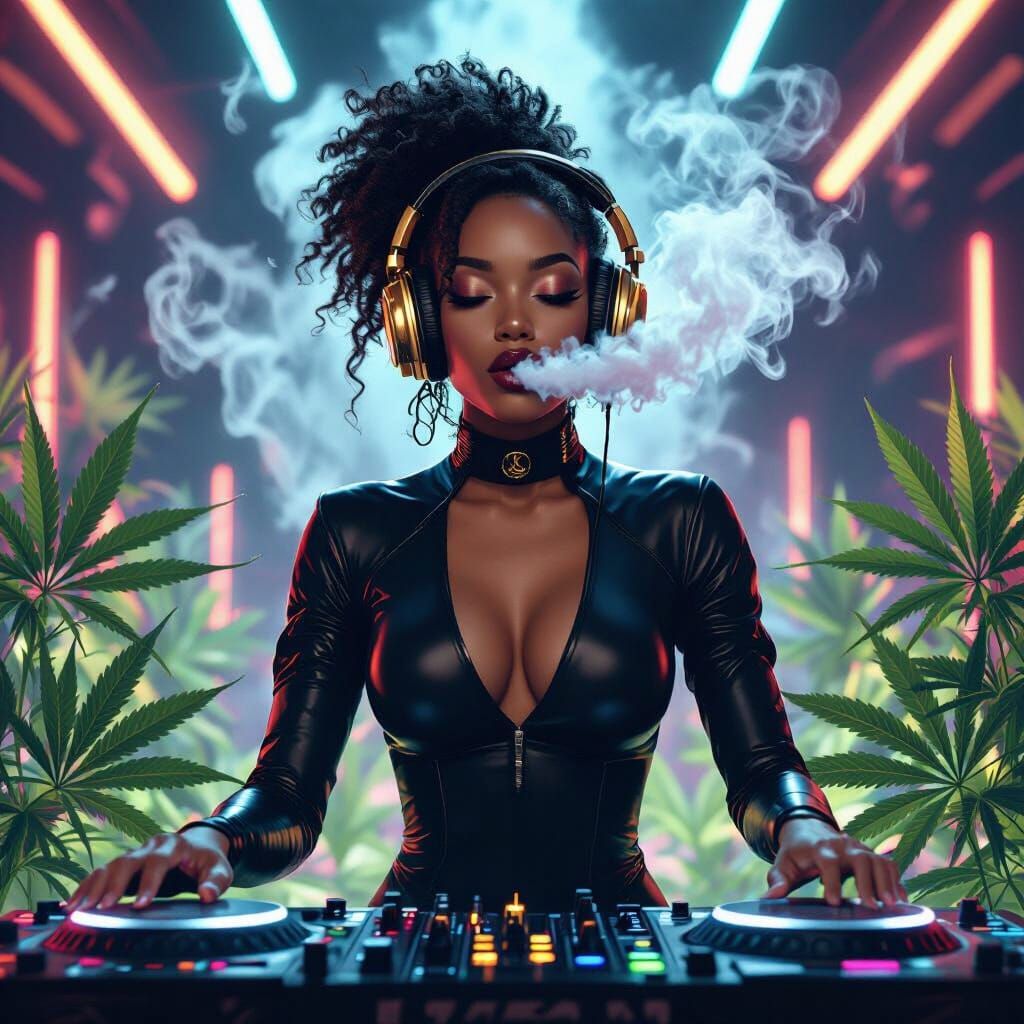 Futuristic Black Woman DJ Exhaling Smoke, in 3D Style