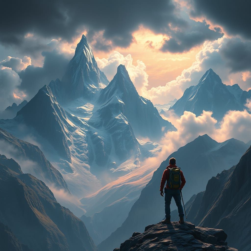Epic Swiss Alps Panorama with Hiker in Detailed Concept Art ...