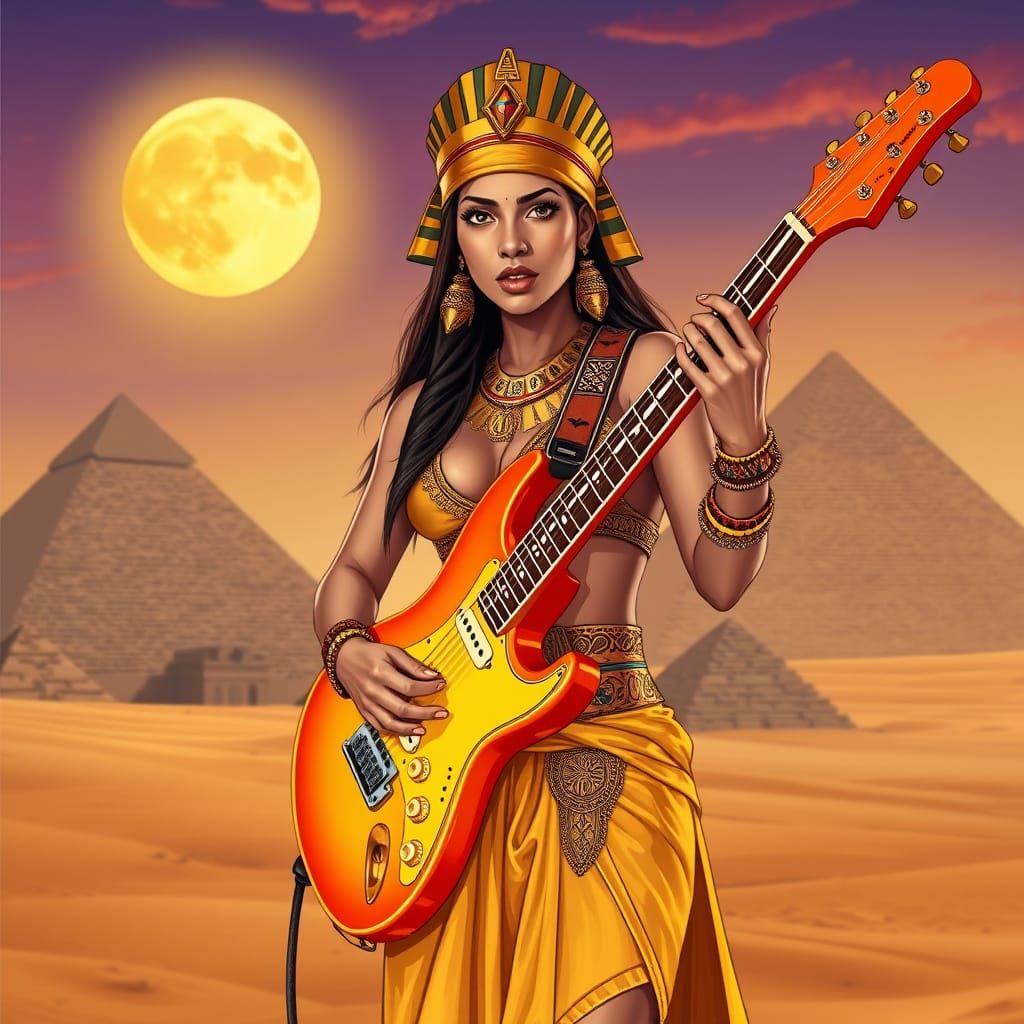 Egyptian Goddess Plays Electric Guitar Under Golden Moonligh...