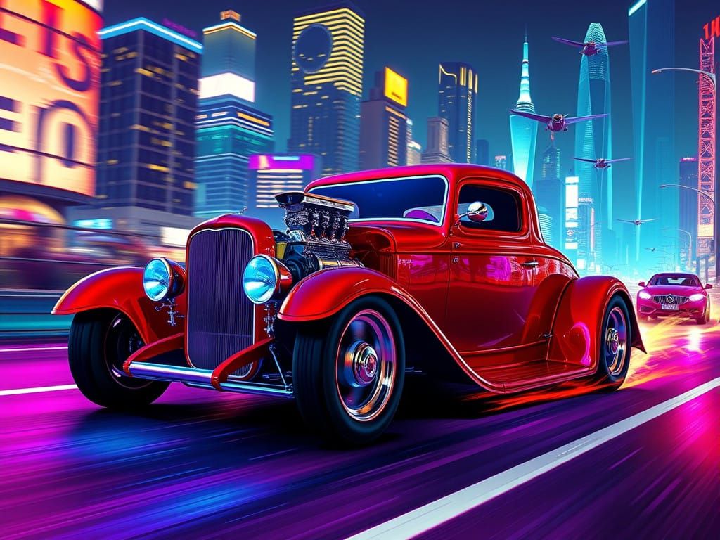 Sleek Red Deuce Coupe Speeds Down Cyberpunk Highway