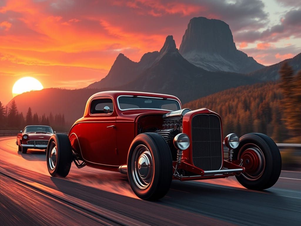 Vintage Red Hotrod Speeds Past Thunderbird on Sunset Highway