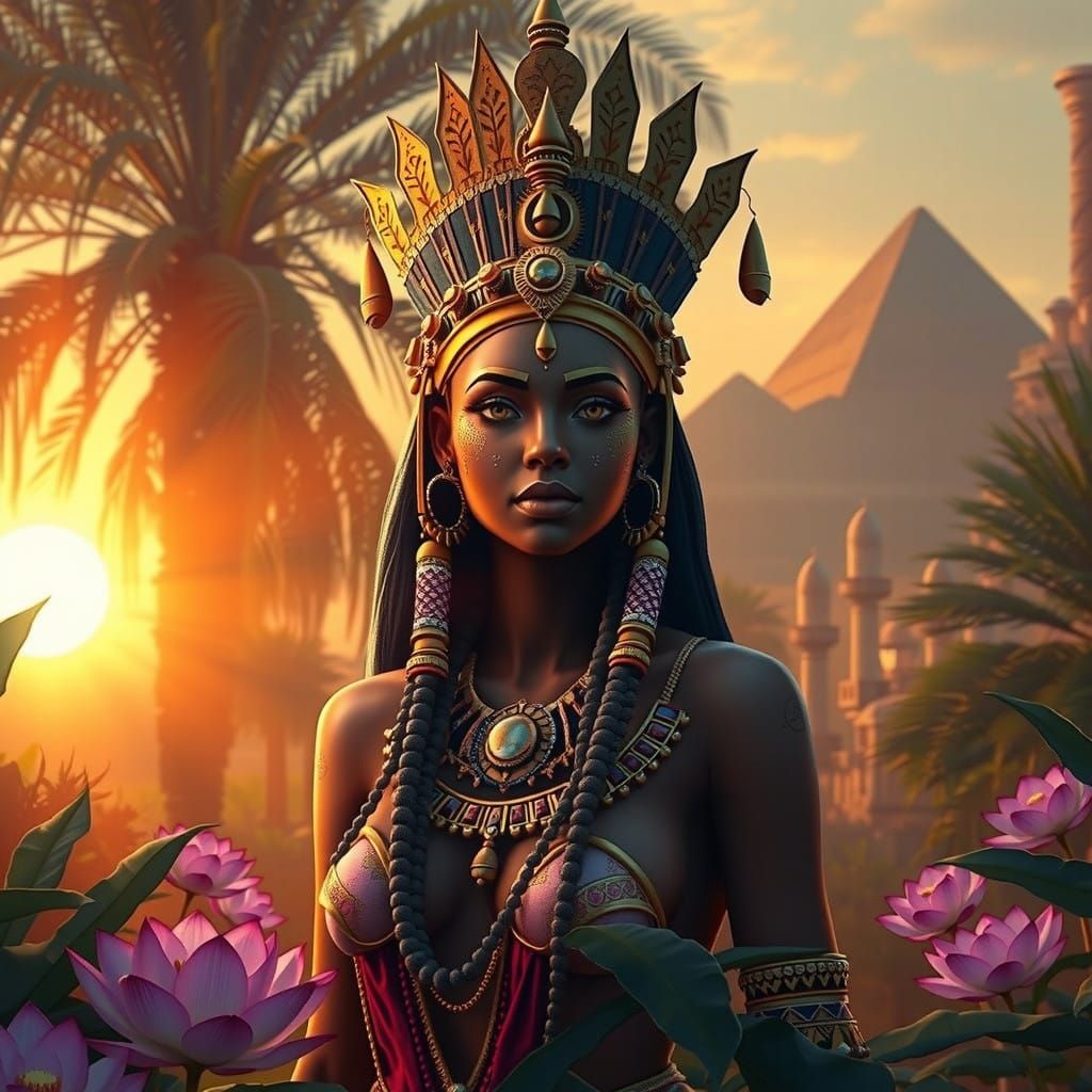 Regal Afrofuturist Goddess in Majestic Desert Oasis