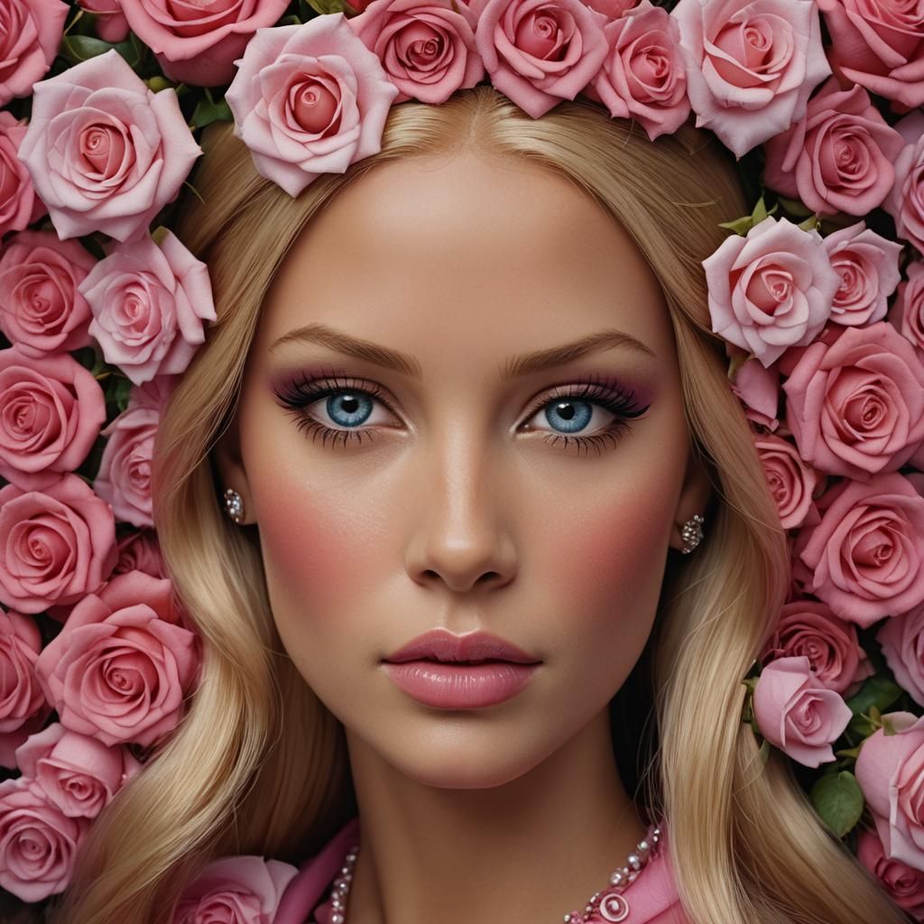 Hyperrealistic Woman with Cat Ears and Roses Portrait