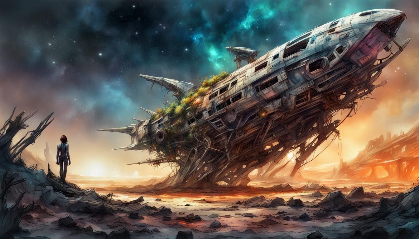 Starship Wreckage Among Glowing Alien Flora