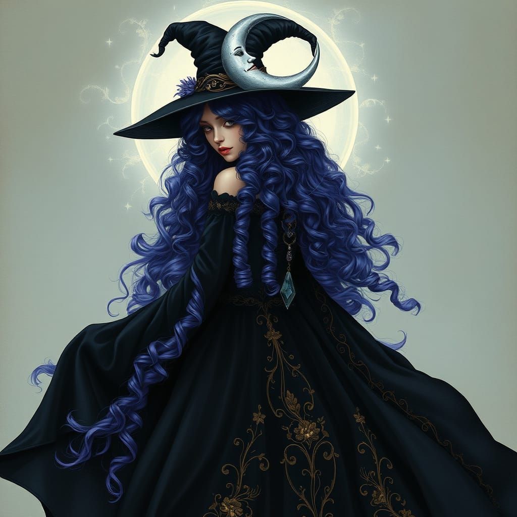 Mystical Woman in Whimsical Fantasy Gown with Purple-Blue Ha...