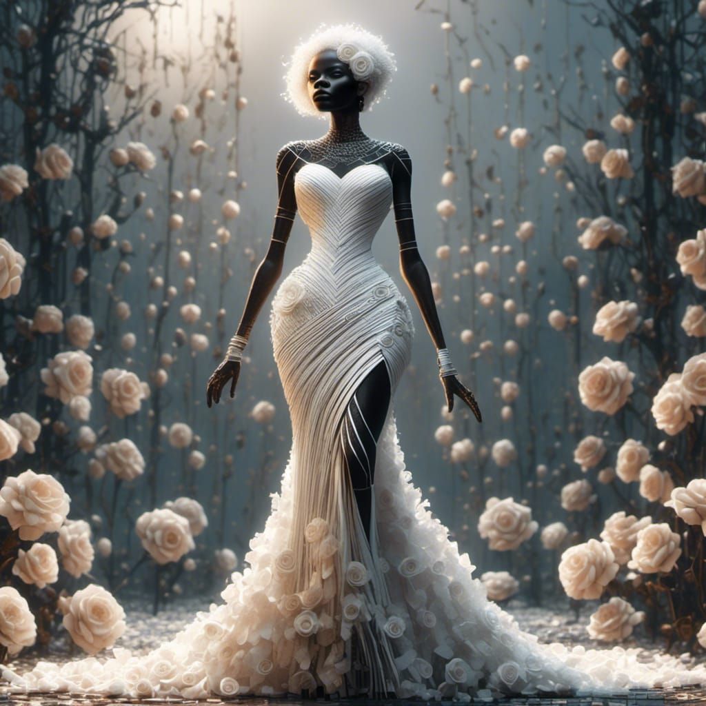 Afrofuturist Couture Gown with White Rose Accents
