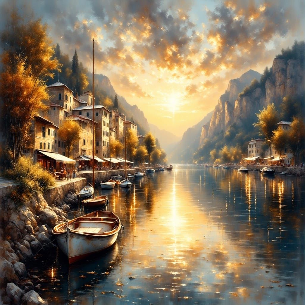 Italian Sunrise: Yacht at Pier in Watercolor Style