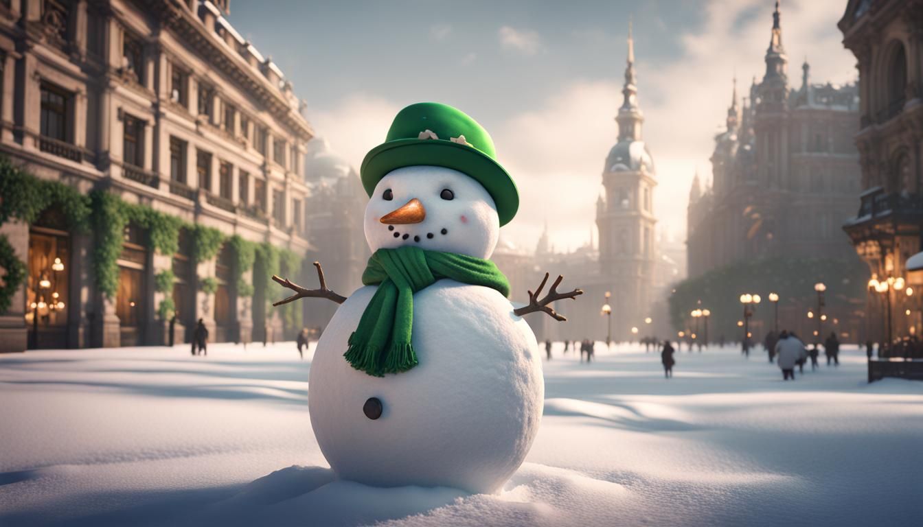 Snowman with Green Hat in Snowy Madrid