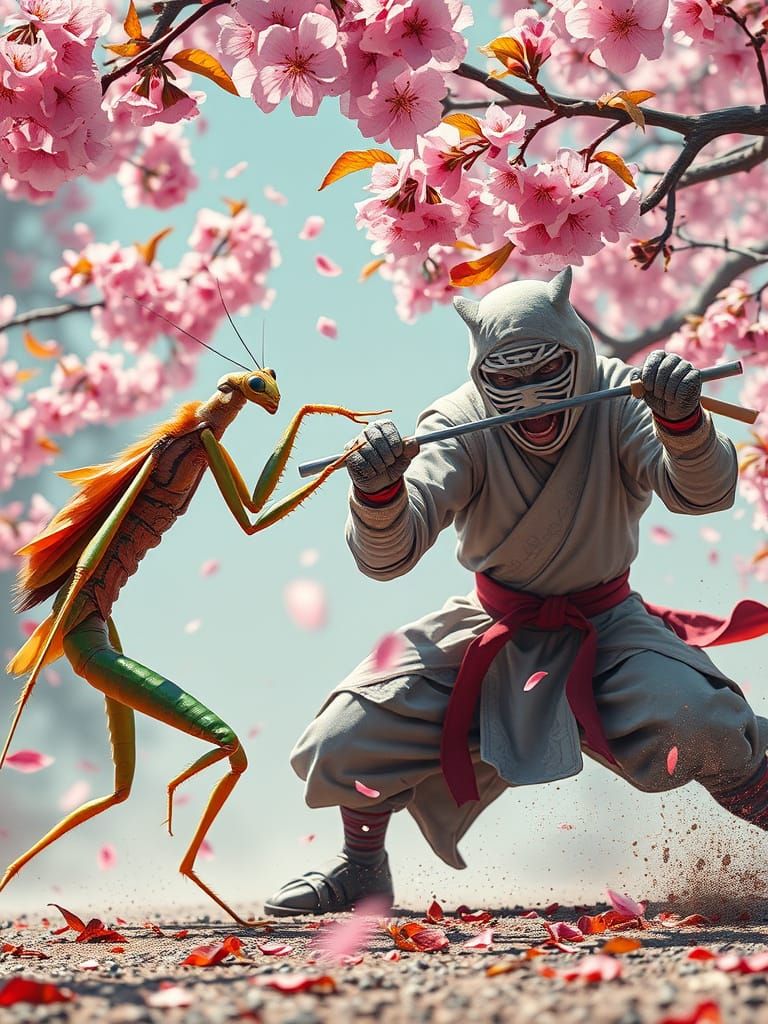 Kung Fu Mantis Fights Ninja Tiger Amidst Cherry Blossoms