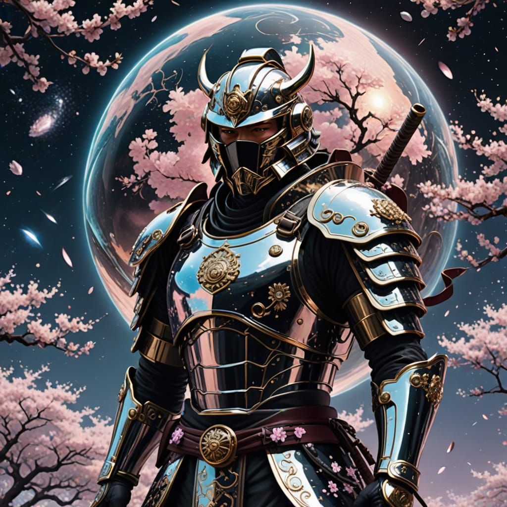 Celestial Samurai in Space with Cherry Blossoms