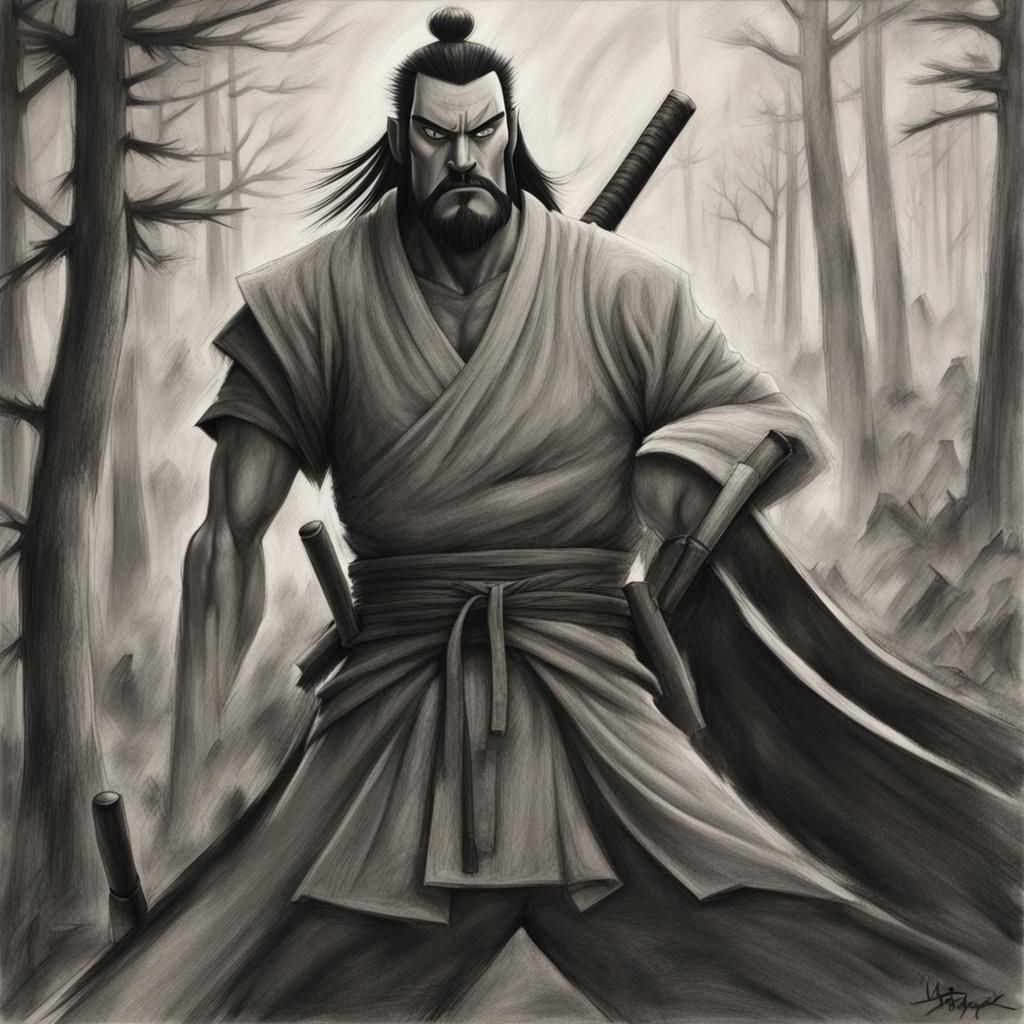Hyperdetailed Charcoal Drawing of Samurai Jack