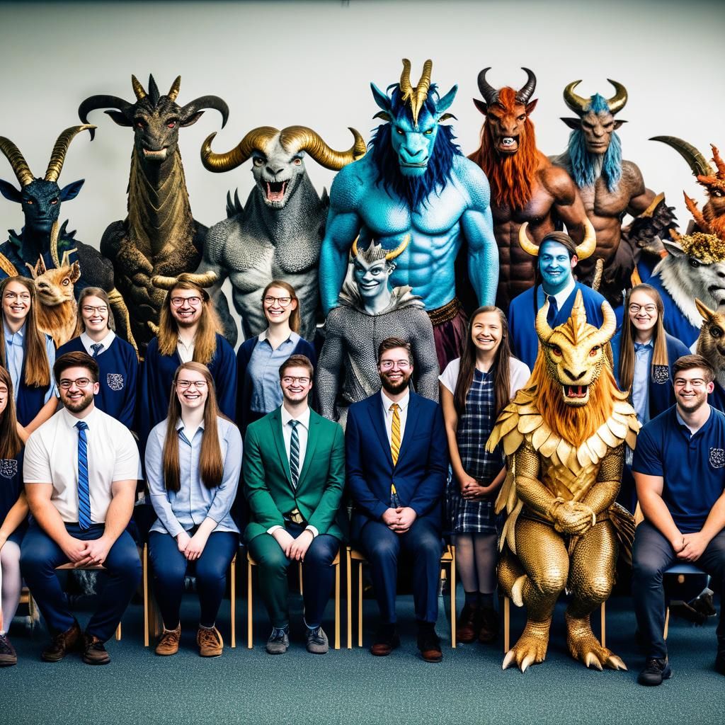 A group of different mythical creatures posing for the yearly group school photo