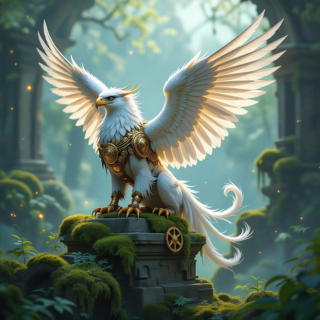 Griffin with Clockwork Wings on Ancient Ruin