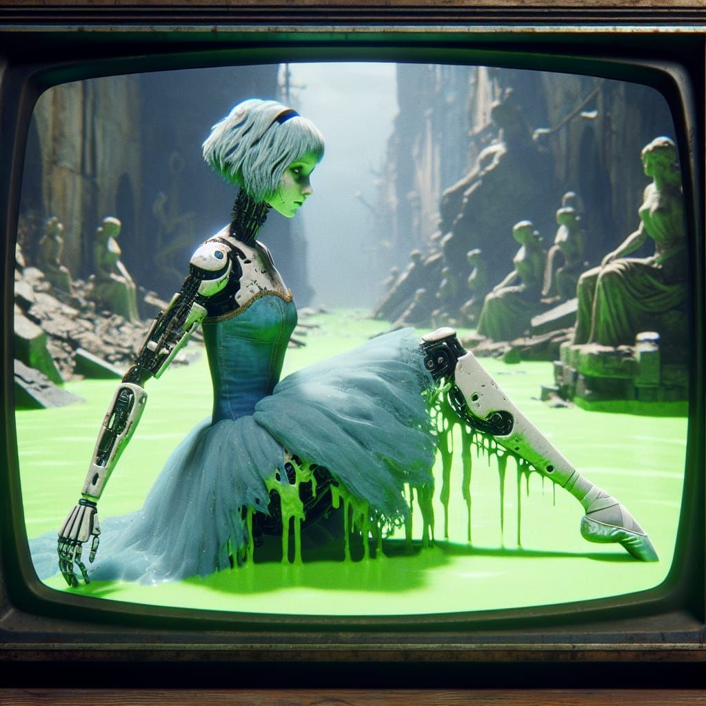 Cybernetic Princess in Ancient Ruins on Vintage CRT TV