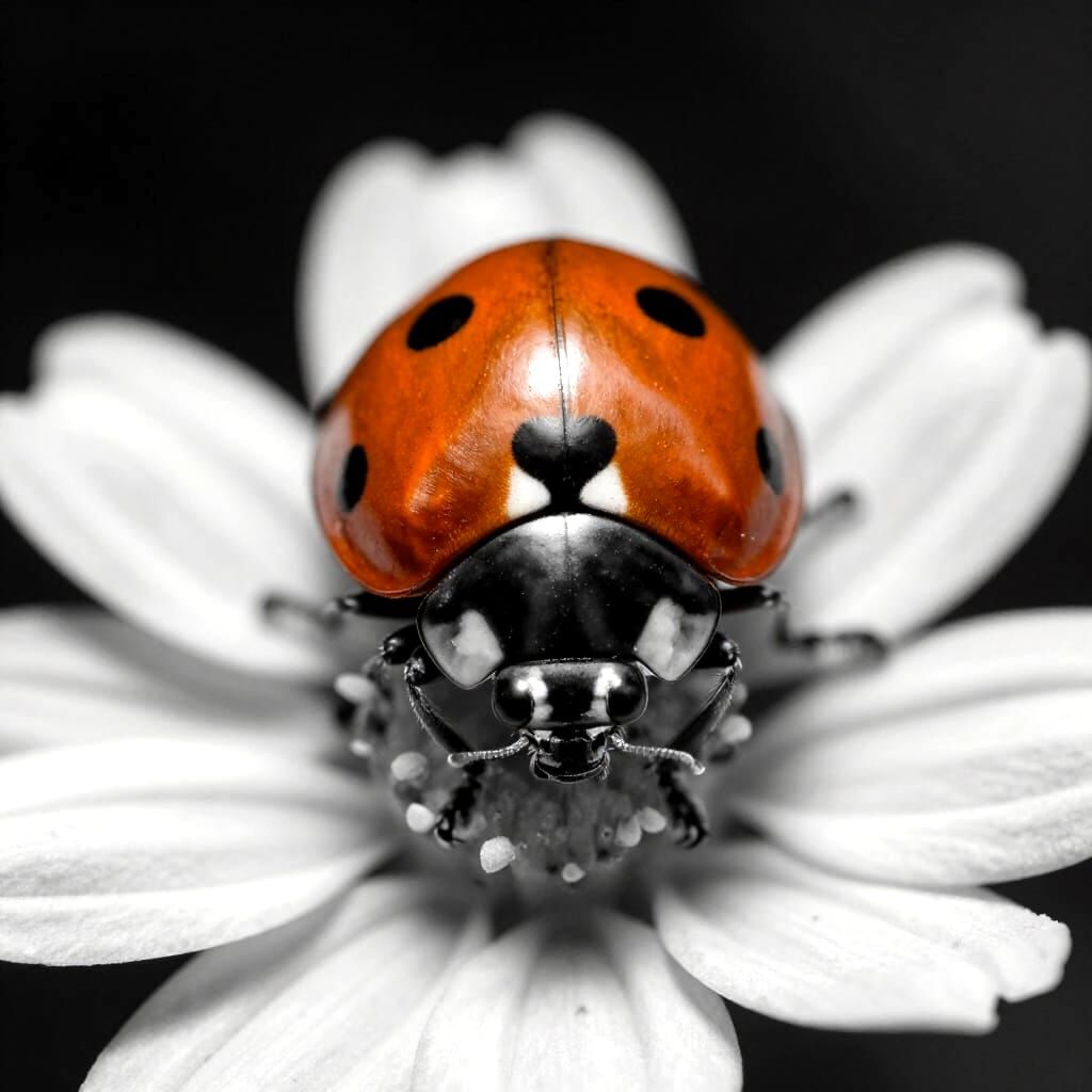 Hyperrealistic Ladybug on Flower in Black and White