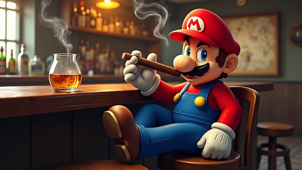 Mario Relaxing with Cigar in Vintage Tavern