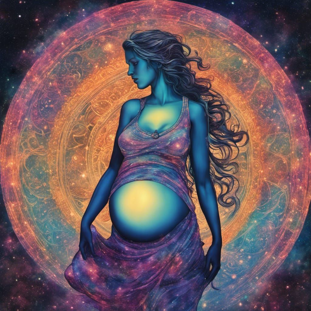 Luminescent Pregnancy Goddess in Galactic Silhouette