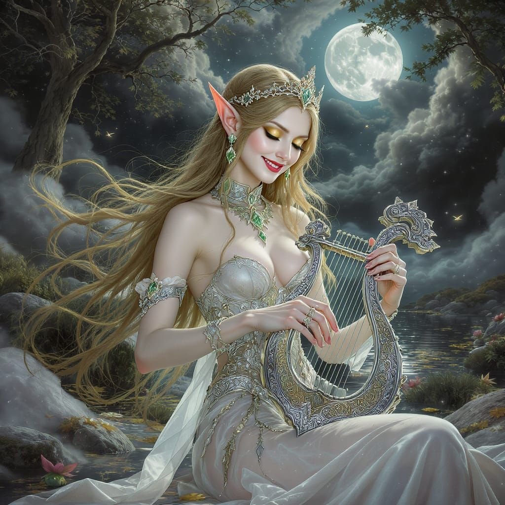 Elf Woman Plays Lyre Under Full Moon in Serene Forest