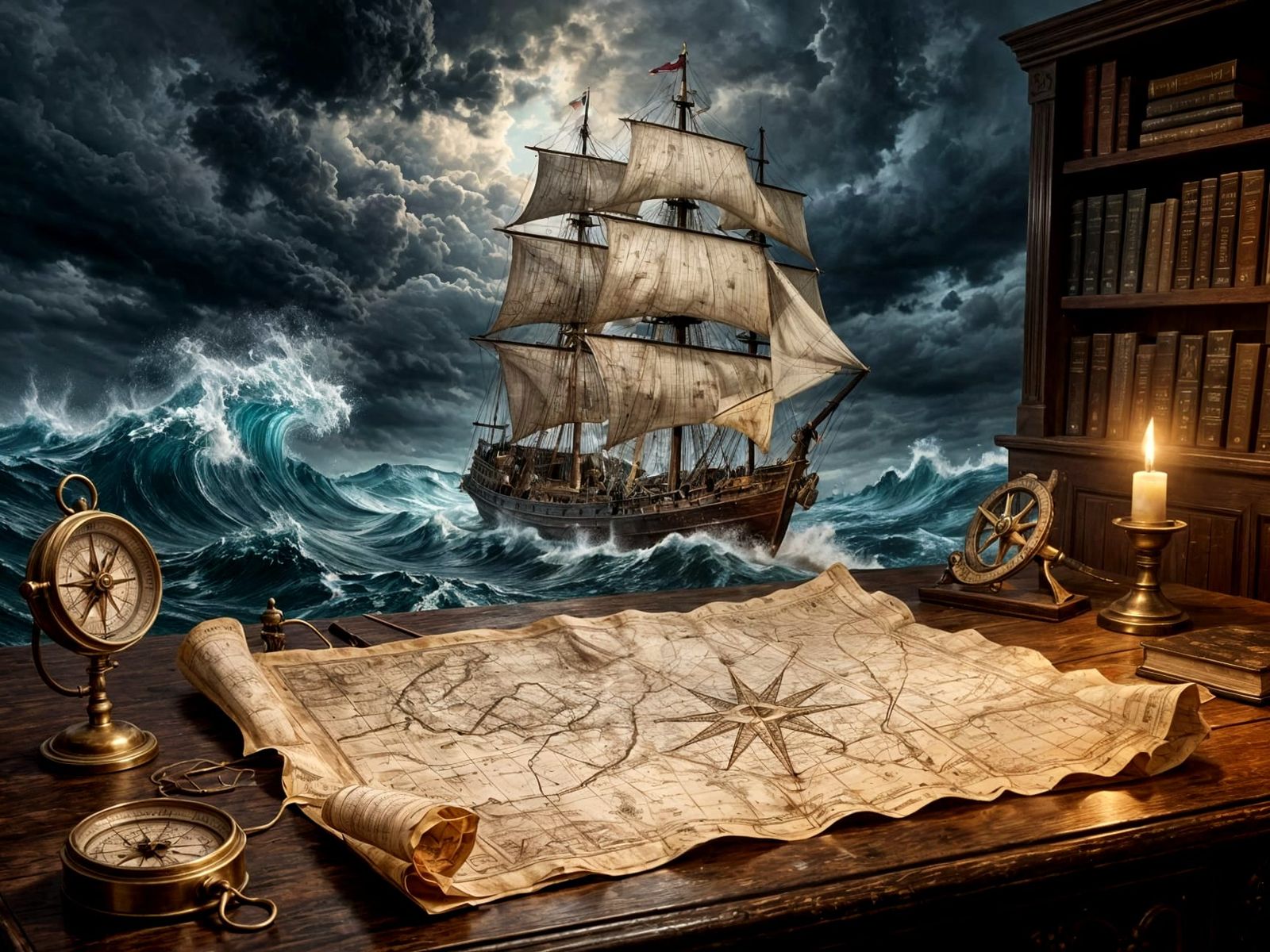 Antique Ship Sails from Map in Stormy Seas