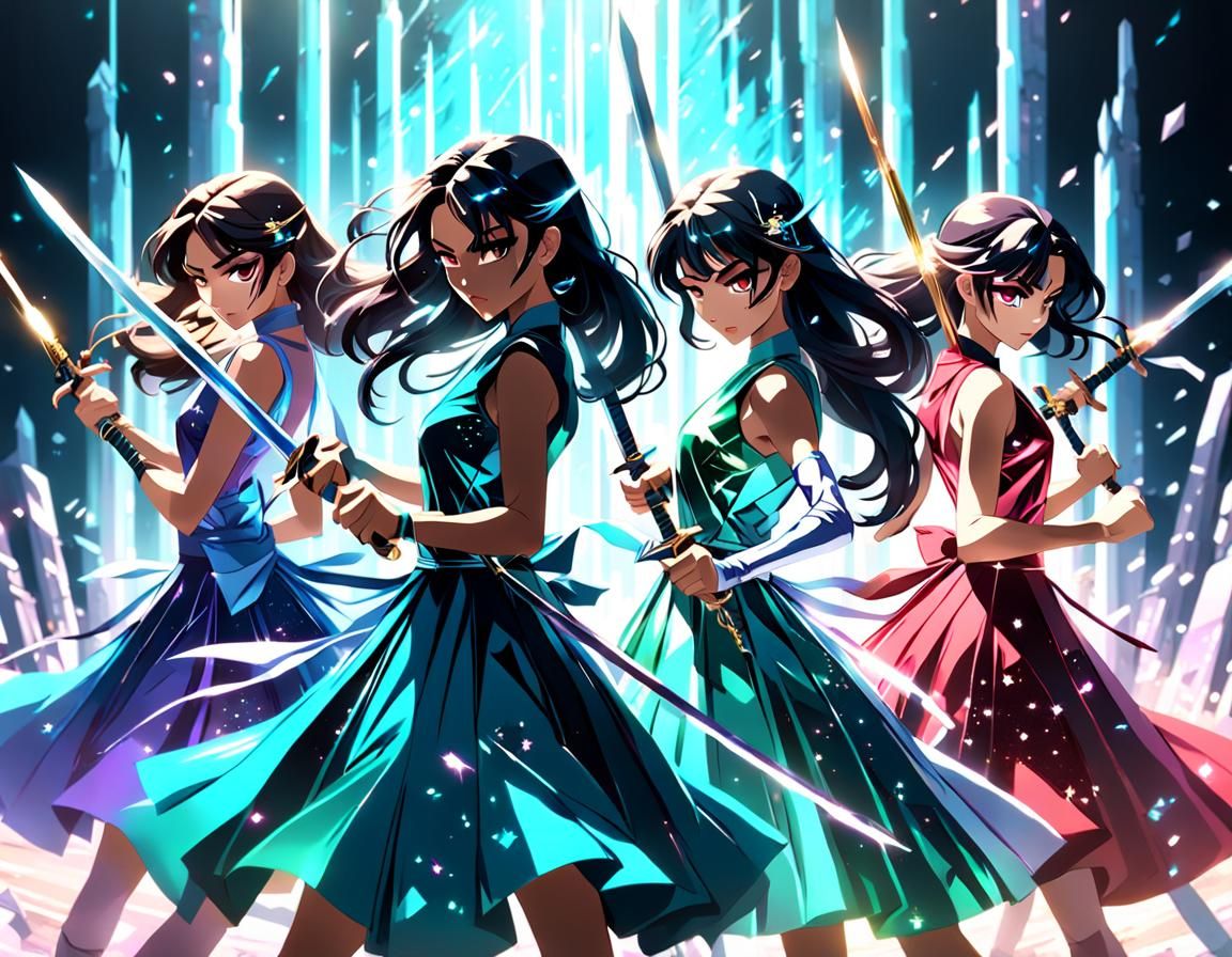 (Three girl senshi team with swords) in pretty prom dresses.