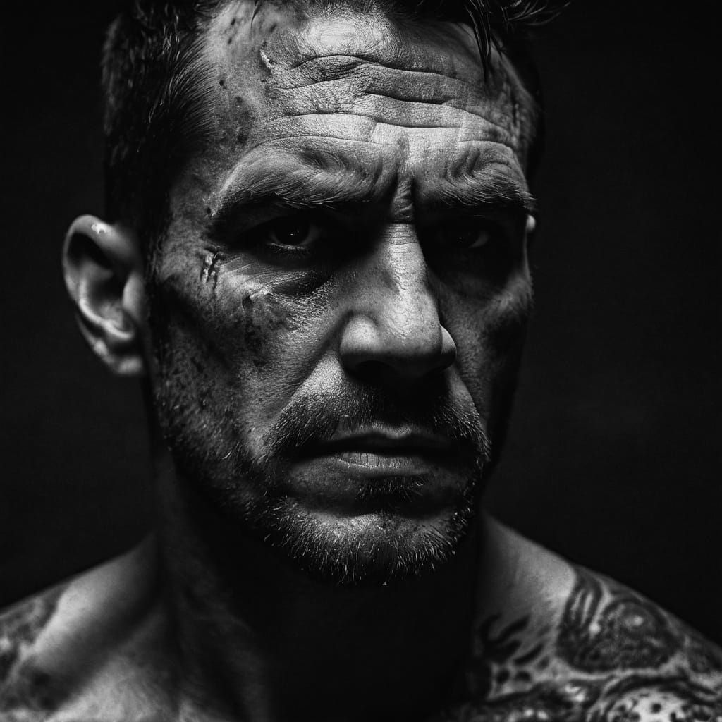 Mysterious Man with a Scar and Lizard Tattoo in Noir Style
