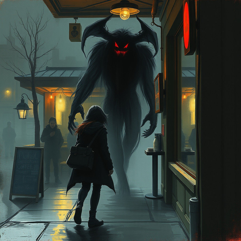 Woman Followed by Demonic Shadow, Dark Fantasy Art