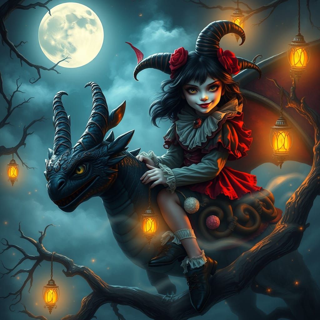 Mystical Girl Clown Rides Majestic Night Fury Dragon under M...
