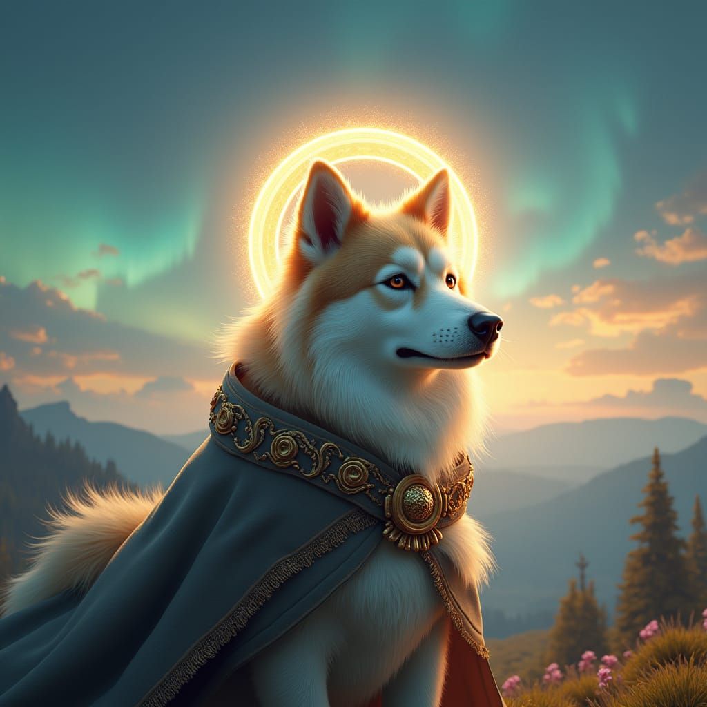 Dog with Halo in Ethereal Landscape