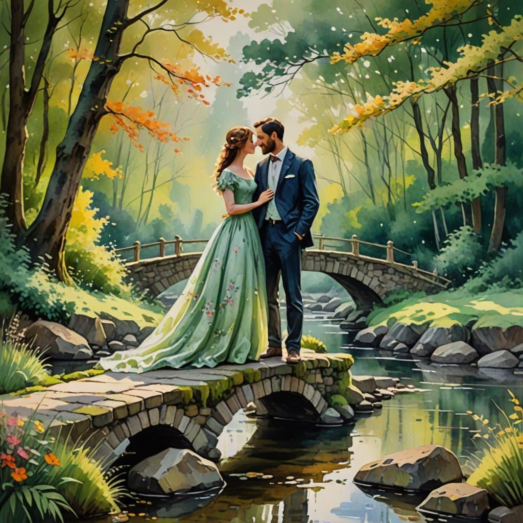 Romantic Whimsy on a Moss-Covered Bridge in Watercolor