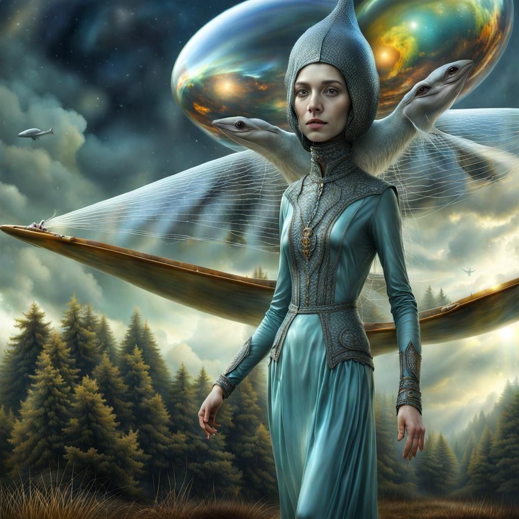 Smiling Alien People and Pets in Surreal Dreamscape