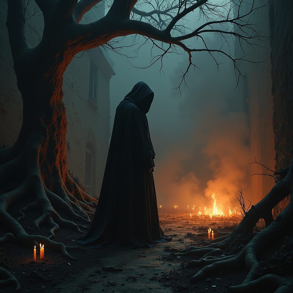 Dark Figure in a Smoldering, Ruined World