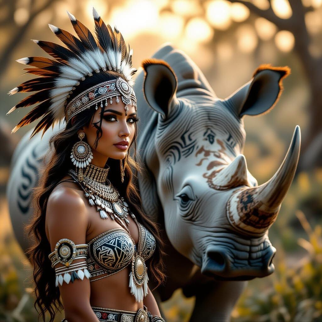 Tribal Woman and Rhino in Surreal Landscape