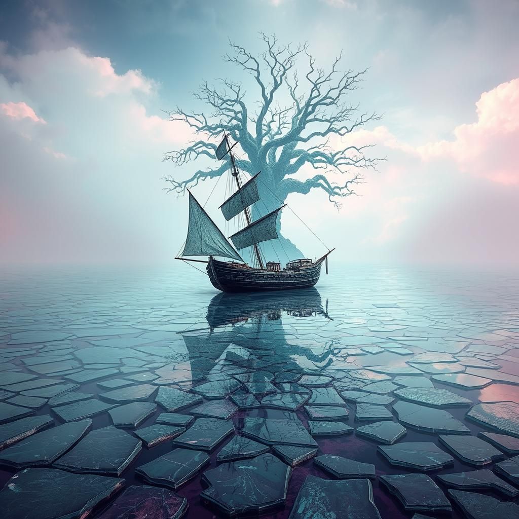 Fractured Ship in Glassy Sea with Twisted Tree