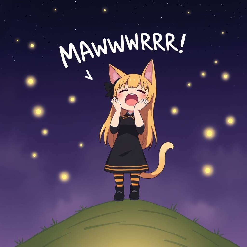 Cute Anime Catgirl Shouts Passionately Under Starry Night Sk...