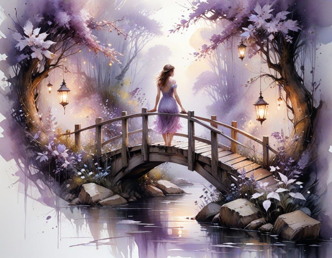 Enchanted Bridge in Bewitched Woodland Watercolor