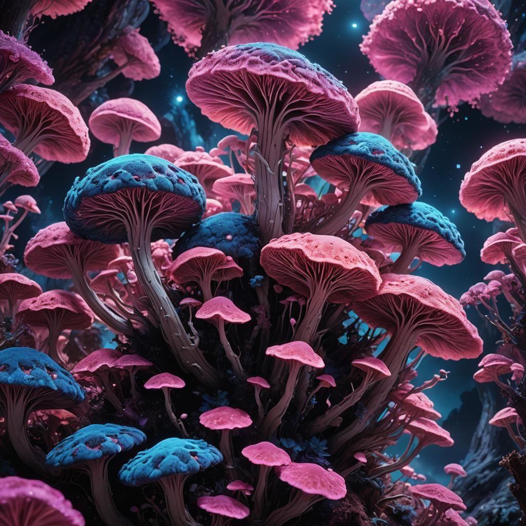 Surreal Fractal Mushroom Growth on Asteroid