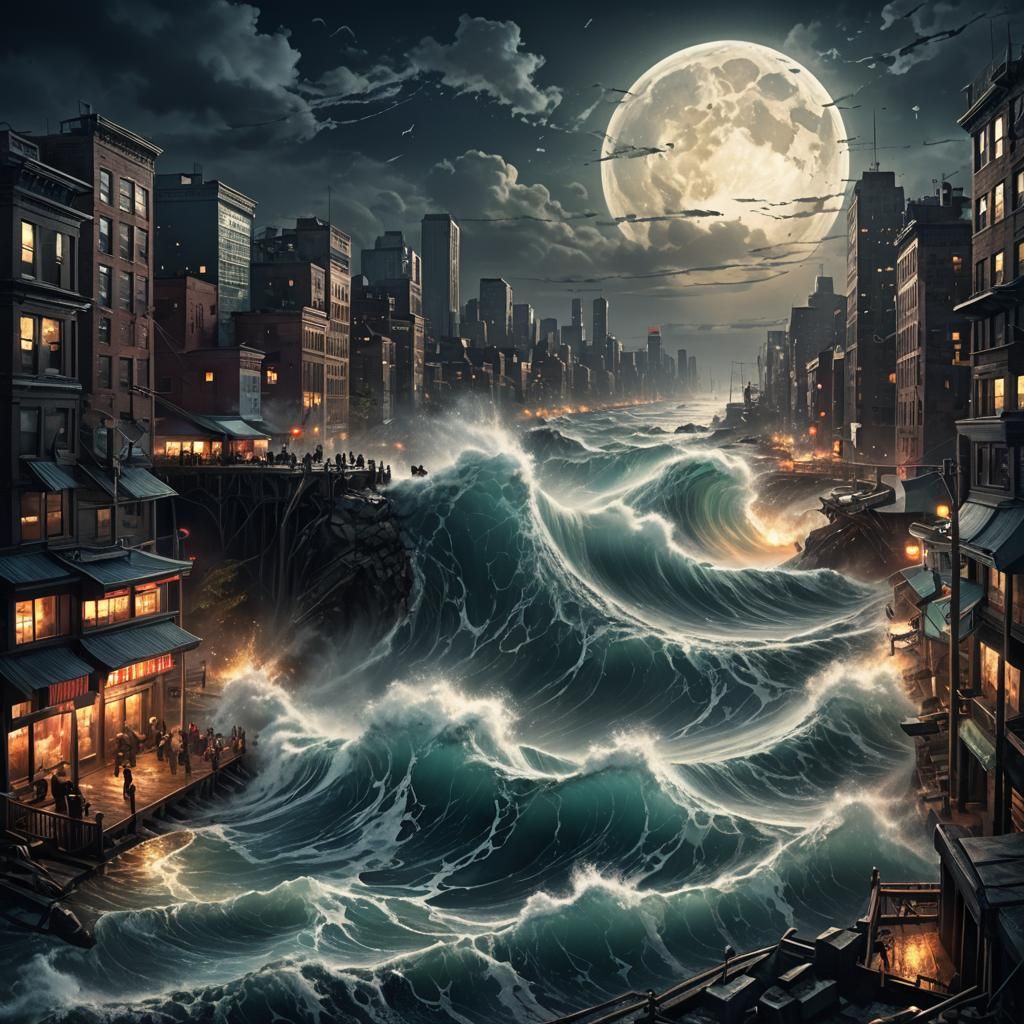 Tsunami Over New York in Moonlight, Detailed Matte Painting