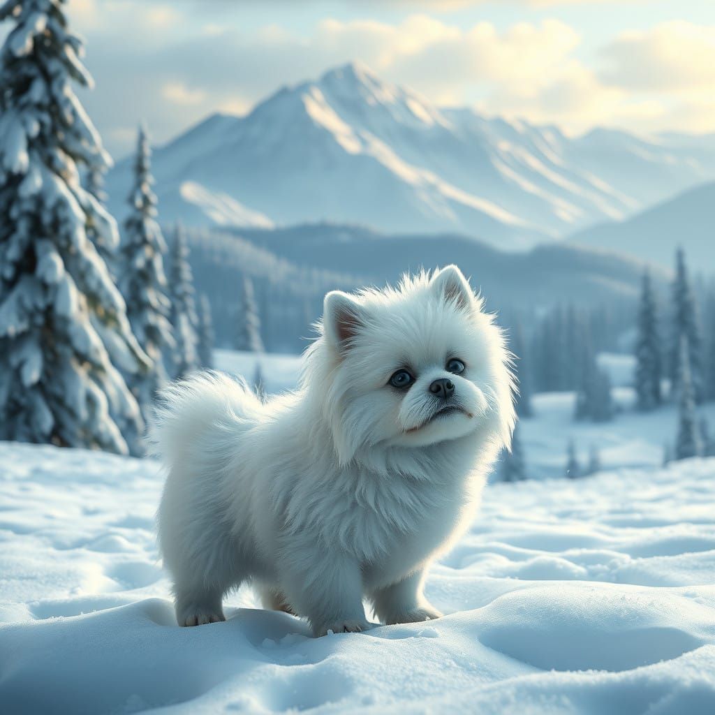 Whimsical Snowy Landscape with Majestic Mountain Range and D...