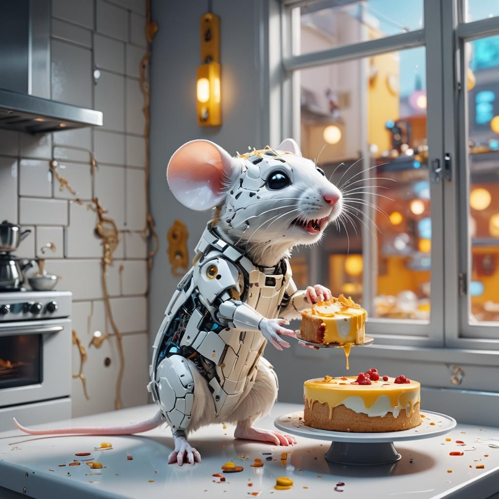 Cyborg Mouse Emerges from Cheesecake: Hyperrealistic 3D Art