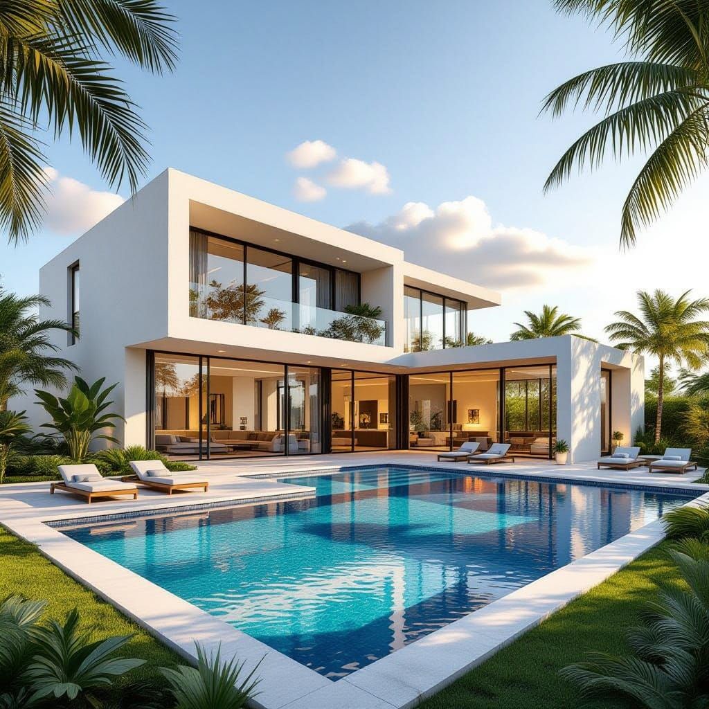 Dream House with Pool and Modern Walls in Golden Hour